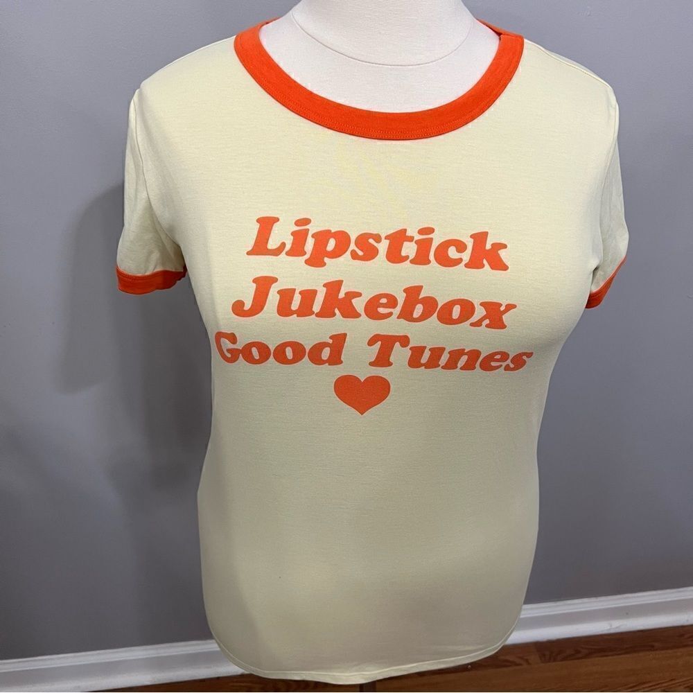 Lularoe "Lipstick, Juke Box, Good Tunes" Cream/Orange T-shirt -- L - Picture 5 of 13